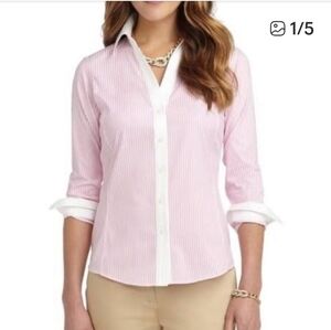 Brooks Brothers Womens Pink and White Poplin Striped Button-Up Shirt Size 8